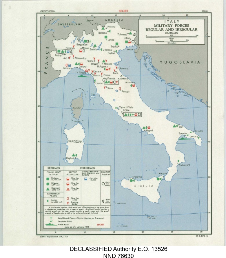 Mapa CIA przedstawiająca siły zbrojne i komunistyczne siły partyzanckie we Włoszech, 1948