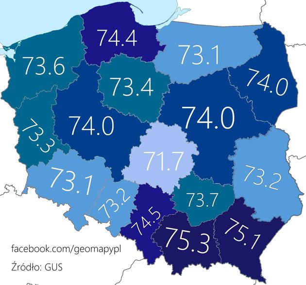 Średnia długość trwania życia mężczyzn w Polsce według województw (dane 2014/GUS).