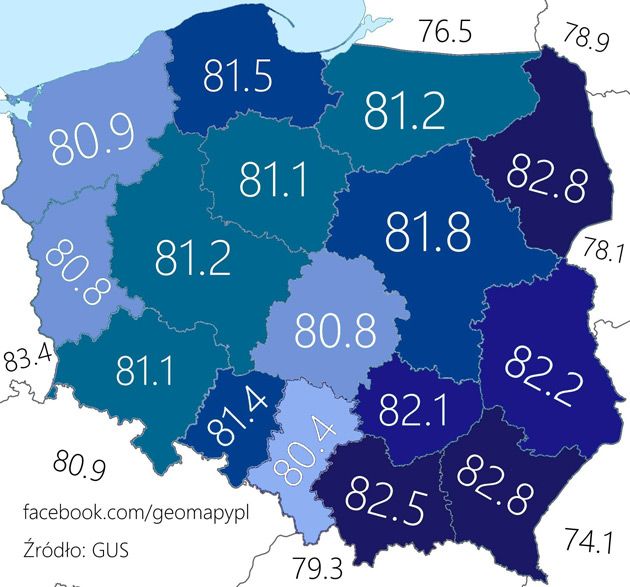 Średnia długość trwania życia kobiet w Polsce według województw (dane 2014/GUS).