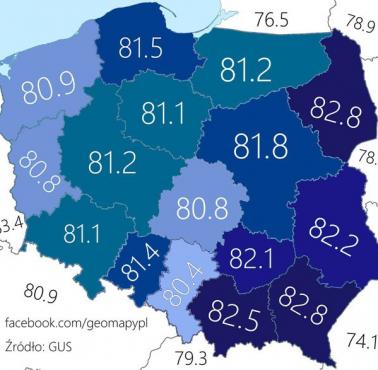 Średnia długość trwania życia kobiet w Polsce według województw (dane 2014/GUS).