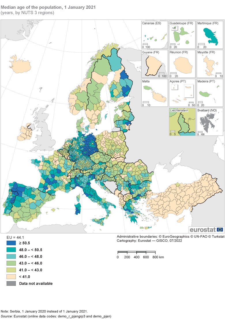 Regiony UE według mediany wieku, 2020-2021