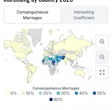 Mapa pokazująca odsetek małżeństw zawieranych pomiędzy osobami o bliskim stopniu spokrewnienia.