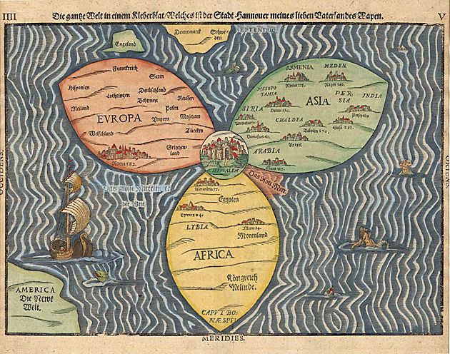 Mapa świata niemieckiego protestanckiego teologa Heinricha Büntinga (1545-1606).