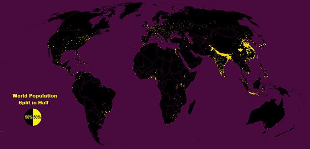 Mapka - na żółto zaznaczono obszary, gdzie mieszka połowa ludzkiej populacji.