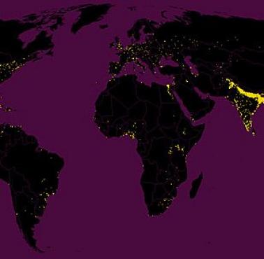 Mapka - na żółto zaznaczono obszary, gdzie mieszka połowa ludzkiej populacji.