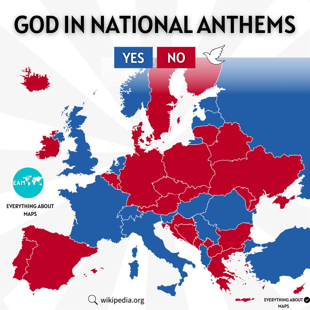 Hymny narodowe które odnoszą się do boga (na czerwono) w Europie