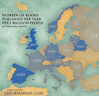 Ilość wydanych książek rocznie na milion mieszkańców poszczególnych europejskich krajów.
