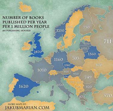 Ilość wydanych książek rocznie na milion mieszkańców poszczególnych europejskich krajów. 