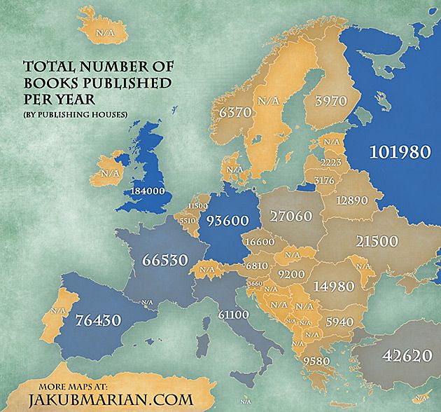 Mapa ilości wydanych książek rocznie w poszczególnych europejskich krajach.