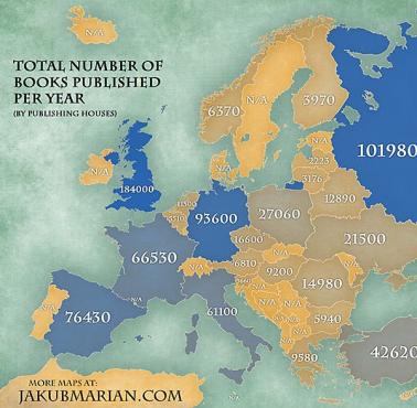 Mapa ilości wydanych książek rocznie w poszczególnych europejskich krajach.