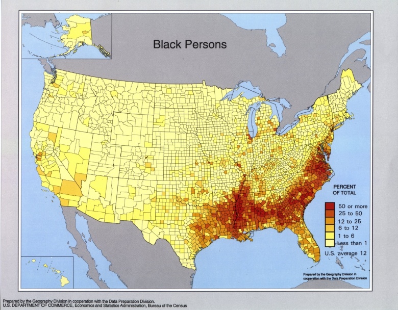 Odsetek czarnoskórej ludności (Afroamerykanie) w poszczególnych hrabstwach USA, 1990