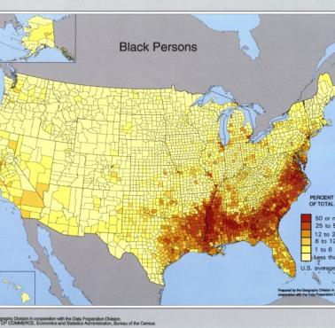 Odsetek czarnoskórej ludności (Afroamerykanie) w poszczególnych hrabstwach USA, 1990