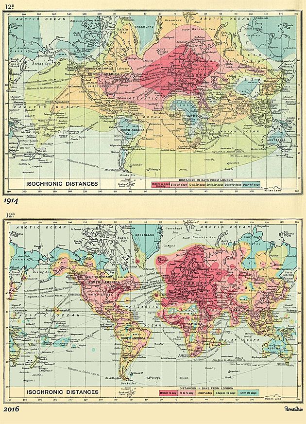 Czas podróży z Londynu do różnych zakątków świata w 1914 roku i obecnie.