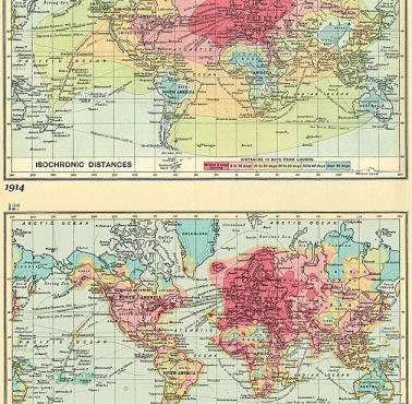 Czas podróży z Londynu do różnych zakątków świata w 1914 roku i obecnie.