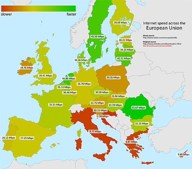 Średnia prędkość internetu w EU (dane 2014).