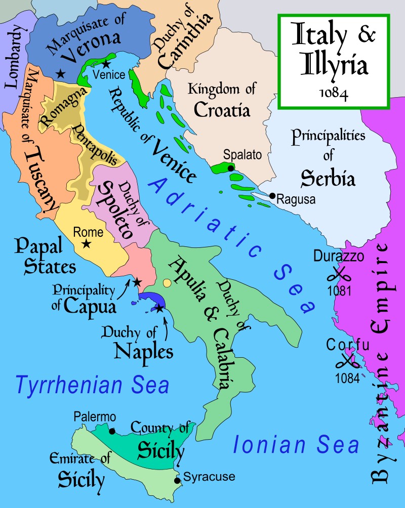 Mapa Włoch i części Bałkanów w 1084 r. n.e.