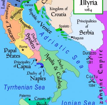 Mapa Włoch i części Bałkanów w 1084 r. n.e.
