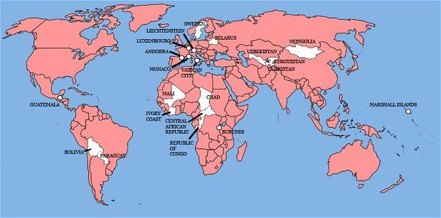 Mapa z zaznaczonymi krajami, z którymi Wlk. Brytania popadała w konflikty na przestrzeni swojego istnienia.