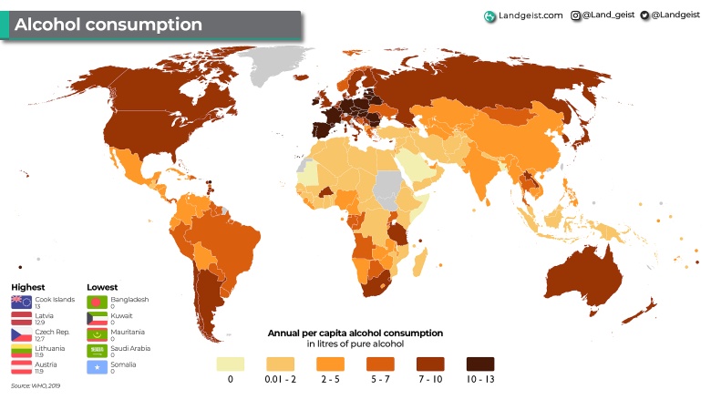 Konsumpcja alkoholu na osobę na świecie w litrach, 2019, WHO