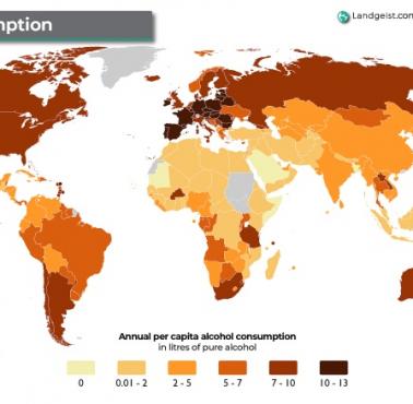 Konsumpcja alkoholu na osobę na świecie w litrach, 2019, WHO