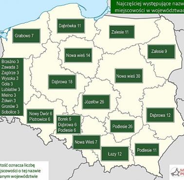 Najpopularniejsze nazwy miejscowości w poszczególnych województwach.