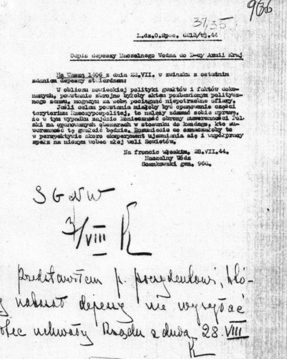 Odpis depeszy NW do dowódcy AK z 28 VII 1944r o bezcelowości powstania. Gen. broni Kazimierz Sosnkowski