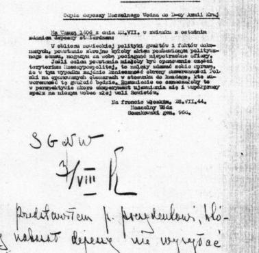Odpis depeszy NW  do dowódcy AK z 28 VII 1944r o bezcelowości powstania. Gen. broni Kazimierz Sosnkowski