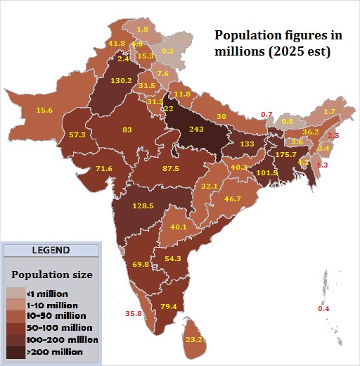Szacowana liczba ludności podregionów Azji Południowej, Indiach, 2025