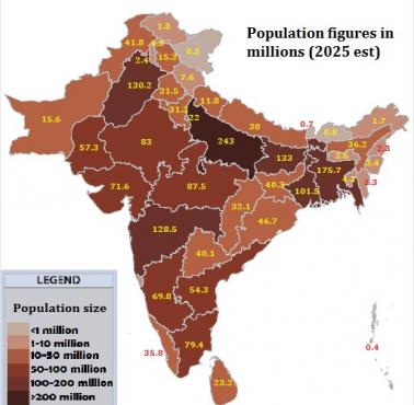 Szacowana liczba ludności podregionów Azji Południowej, Indiach, 2025