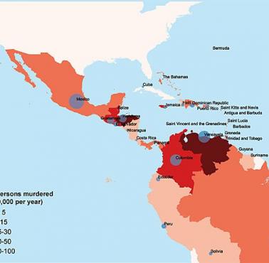 Liczba zabójstw na 100 tys. mieszkańców w Ameryce Środkowej.
