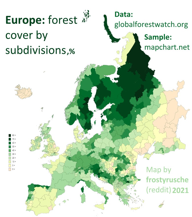 Zalesienie (lesistość) w województwach w Europie, 2021