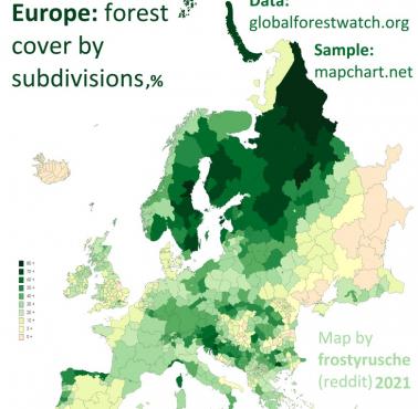 Zalesienie (lesistość) w województwach w Europie, 2021