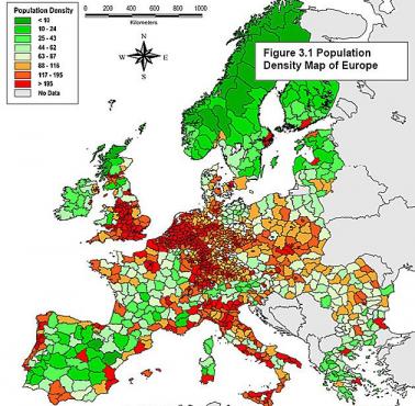 Gęstość zaludnienia w krajach Unii Europejskiej.