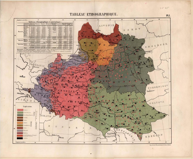 Niemiecka mapa z naniesioną strukturą etniczną na terenie I RP pod zaborami w 1853 roku.