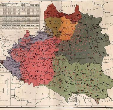 Niemiecka mapa z naniesioną strukturą etniczną na terenie I RP pod zaborami w 1853 roku.