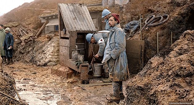 Lata 1914-18 - I wojna światowa, dzień we francuskich okopach.