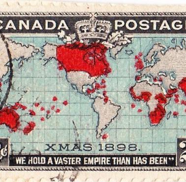 Zaznaczone Imperium Brytyjskie na pierwszym bożonarodzeniowym znaczku świata.