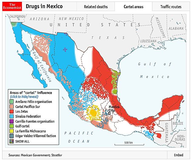 Podział stref wpływów między rożnymi meksykańskimi kartelami narkotykowymi.