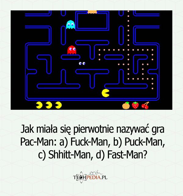 Jak miała się pierwotnie nazywać gra Pac-Man: a) Fuck-Man, b) Puck-Man, c) Shhitt-Man, d) Fast-Man?
