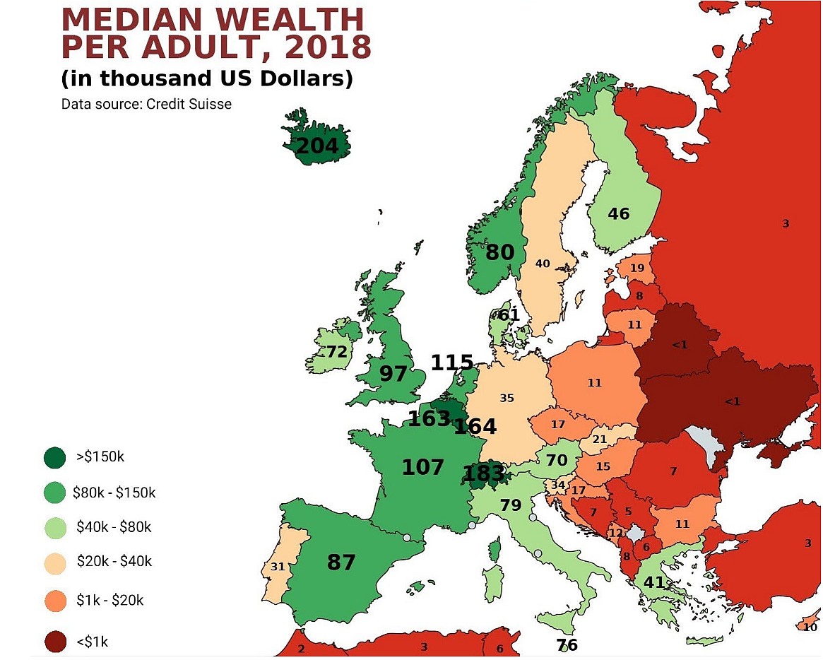 Mediana bogactwa na osobę dorosłą w Europie, 2018