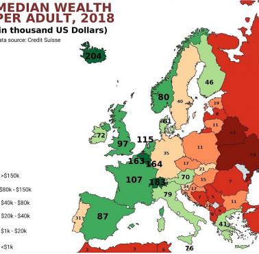 Mediana bogactwa na osobę dorosłą w Europie, 2018