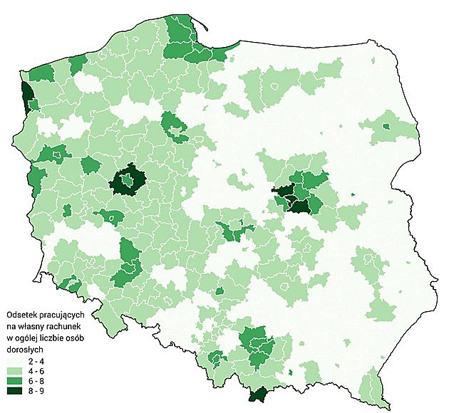 Osoby utrzymujące się z pracy na własny rachunek stanowią niecałe 4% zdolnej do pracy ludności Polski.