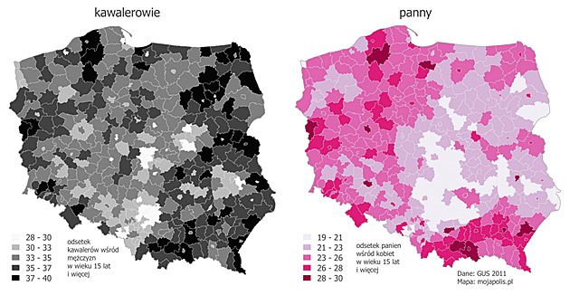 Odsetek kawalerów i panien w Polsce, dane z 2011 roku.