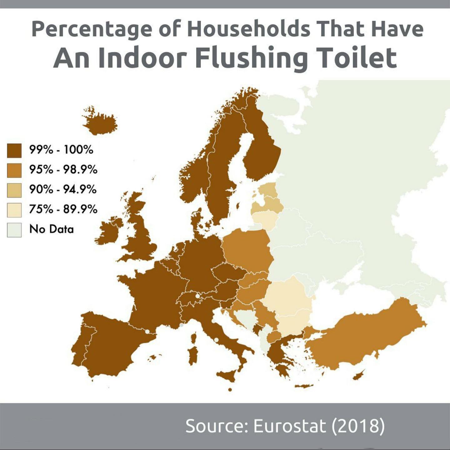 Odsetek ludności w Europie, która ma toaletę w domu, 2018