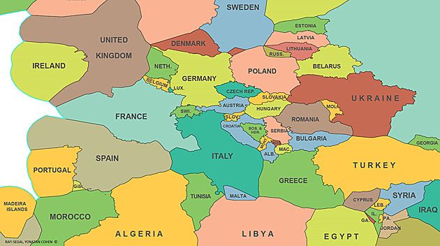 Mapa polityczna Europy uwzględniająca wody terytorialne państw.