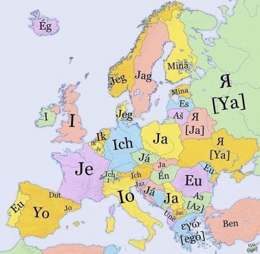 Słowo Ja w różnych europejskich językach.