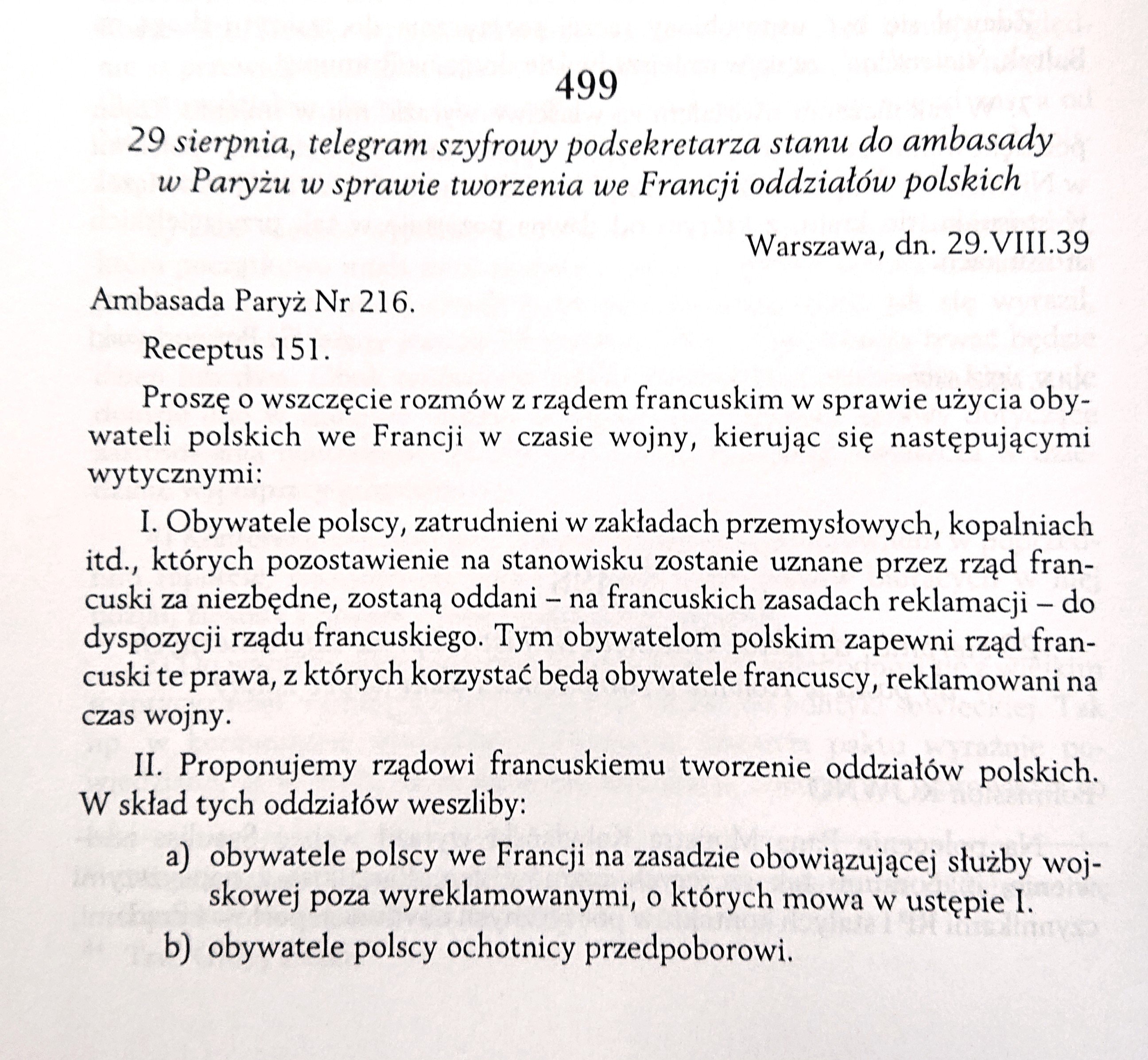 Jan Szembek, podsekretarz stanu w MSZ, do ambasady we Francji, 29 VIII 1939