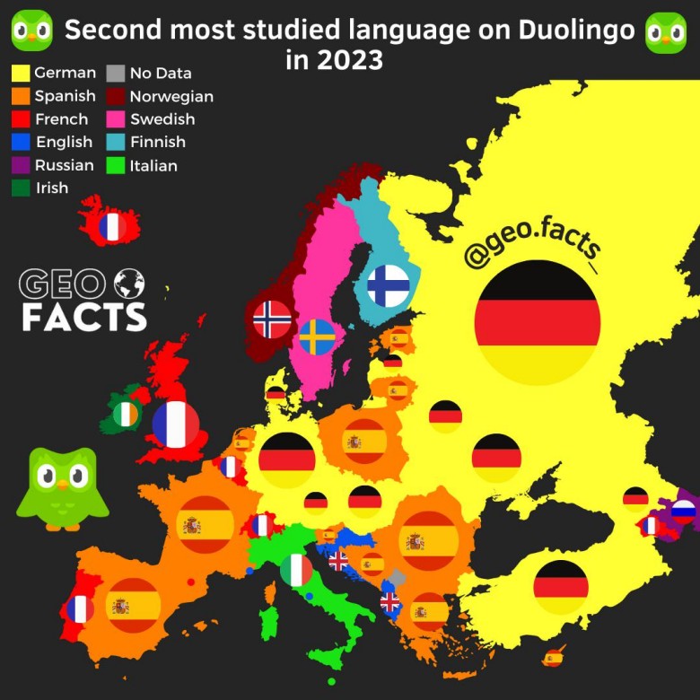 Najpopularniejszy drugi język obcy w Europie na podstawie danych aplikacji Duolingo, 2023