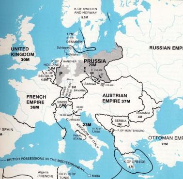 Mapa Europy z 1866 roku wraz z liczbą ludności