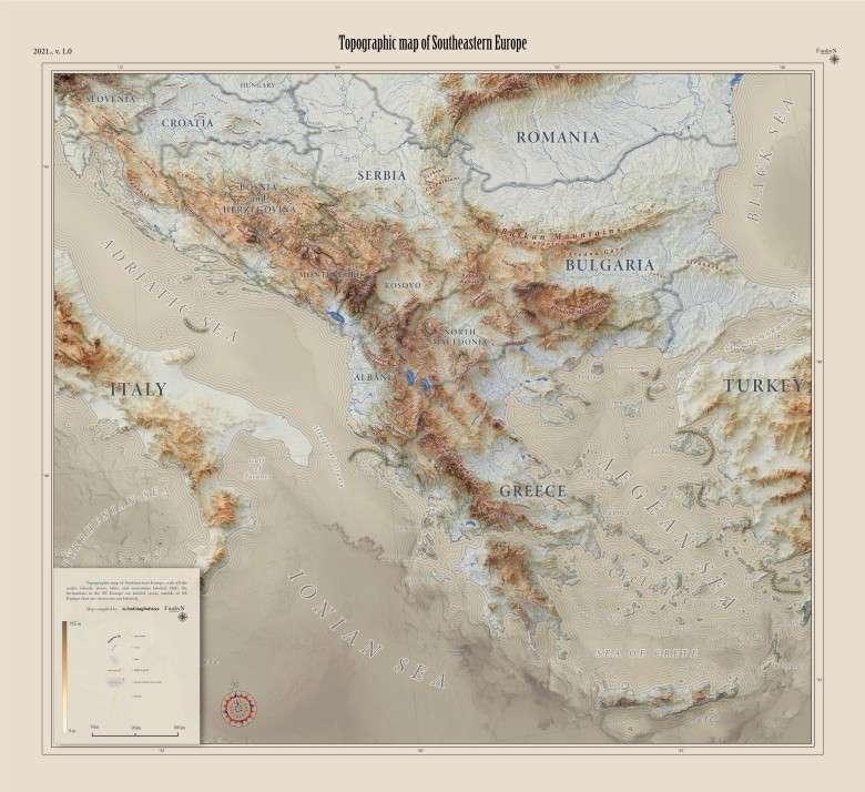 Topograficzna mapa Europy Południowo-Wschodniej